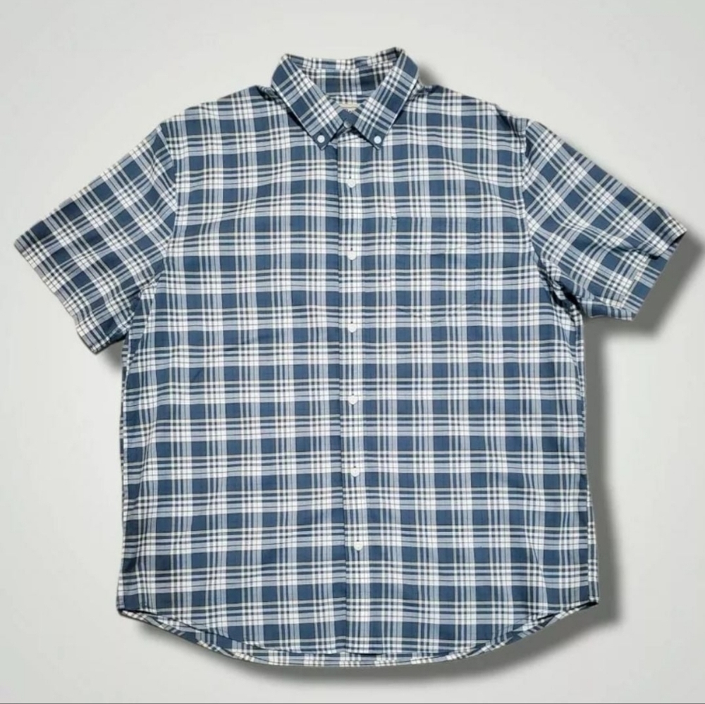 LLBean Mens Easy Care Chambray Shirt Traditional Fit Short Sleeve Plaid LARGE